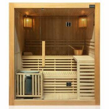 Finnische Sauna Sarnia mit Glasfront und 6 kW Ofen aus Hemlockholz