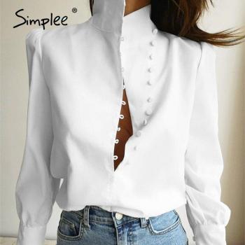 Camiseta blanca casual de cuello alto, manga larga, botones, cómoda para oficina, top urbano primavera-otoño