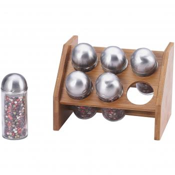 Set de 6 pots à épices Renberg Wood : verre, acier inox, support bambou, 18×13,5×14,5 cm