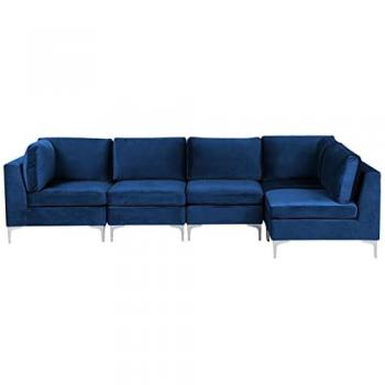 Canapé d'angle modulable 5 places, côté gauche, velours bleu marine Evja