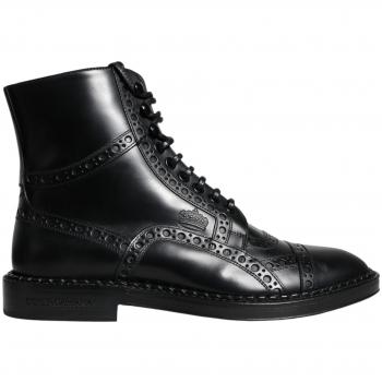 Black Leather Mid Calf Lace-Up Boots for Men