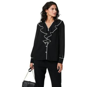 Black Semi‑Sheer Ruffled Blouse with Contrast Trim – Izabel London, Size 10