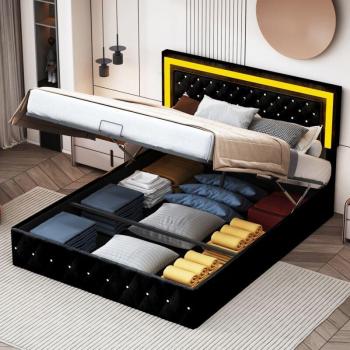 Lit capitonné 180x200 cm avec rangement et tête de lit LED