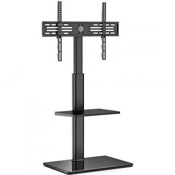 FITUEYES Corner TV Stand with Glass Base and Swivel Arm, Adjustable Max. Height 48.8