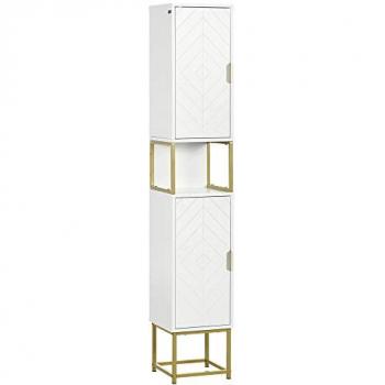 Kleankin Meuble colonne salle de bain 2 portes 2 étagères niche doré blanc 30x170x30cm