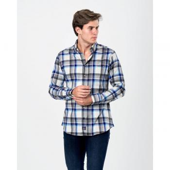 Camisa de Tejido Gabardina Azul Cuadros Hombre Regular