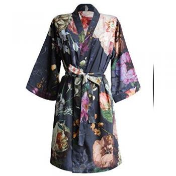 Blumenkimono Essenza Fleur in Nachtblau, Kurzform, Baumwolle, Gürtel