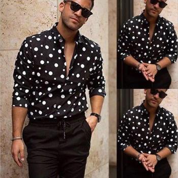 Men's Long Sleeve Black Shirt with Dot Prints