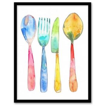 Rainbow Cutlery Watercolor Scene – A4 Framed Piece