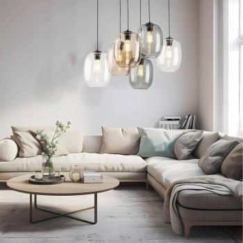 TK Lighting Elio Pendant Light – Glass, Brown/Clear/Grey, 6‑Bulb Rectangular