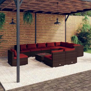VidaXL Patio Lounger Set, 11 Piece Collection, Brown Poly Rattan and Cushions