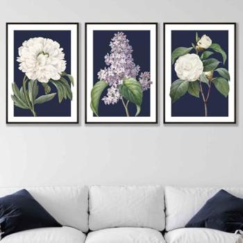 Classic Navy Floral Trio: Lilac, Peony & Camellia Vintage Posters – 3 Set