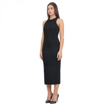 Abito Cocktail Midi Nero Elegante con Scollo Strass Slim Fit 46 Donna