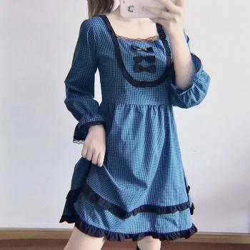 Purple Plaid Square Collar Mini Dress with Lace Ruffles and Gothic Lolita Style for Women
