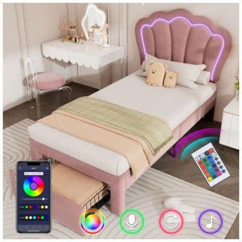 Cama Infantil Led JN.SONGS 90x200 con Cajones y Cabecero Ajustable en Terciopelo
