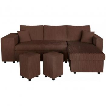 Canapé d'angle convertible avec rangement et poufs en velours marron