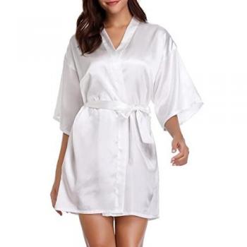 Vlazom Damen Kimono Bademantel Satin Kurz V-Ausschnitt Mit Gürtel