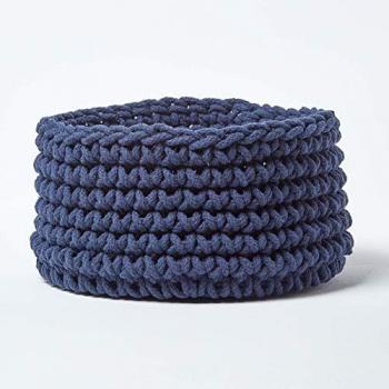 Ideal for Toys and Home Organization Navy Blue Cotton Knitted Round Storage Basket, 37 x 21 cm