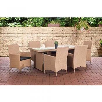 Salon de jardin complet Avignon – Résine tressée, polyrotin, table, 6 chaises, 6 coussins (sable / anthracite)