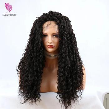 Peluca con malla frontal rizada para mujeres de cabello negro, 180% de densidad, fibra resistente al calor