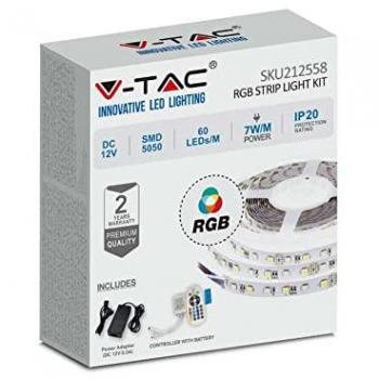 V-Tac RGB LED Streifen 5m SMD5050 10W/m mit Fernbedienung und Netzteil IP20