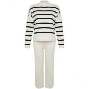 Damen-Set: Gestreifte Strichhose + Top, Ecru, Größe L – Trendyol