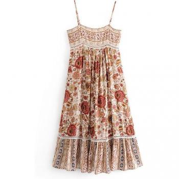 Vestido de verano ahuecado para mujer con estampado floral y tirantes