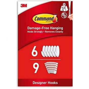 COMMAND DESIGNER HOOKS MEDIUM WHITE PACK OF 6 HOOKS & 9 SELF ADHESIVE STRIPS