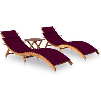 Sonnenliegen-Set aus Akazienholz mit Tisch und Auflagen 2 Stk