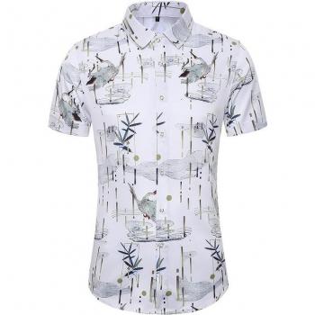 Men's Slim Fit Bamboo Crane Printed Short Sleeve Shirt