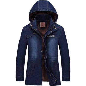 Men's Long Casual Denim Jacket with Hood and Stand Collar 3XL BF685