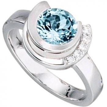 Brillant-Ring für Damen aus 585er Weißgold mit 5 Diamanten und 1 Aquamarin