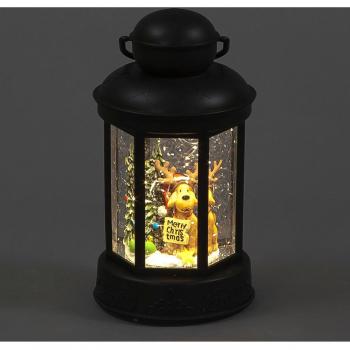 18cm Battery Operated LED Christmas Glitter Water Spinner Black Lantern Dog & Tree Scene