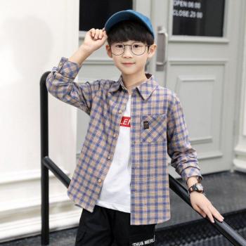 Boys' Cotton Plaid Shirt with Letter Print, Suitable for Spring and Autumn, Ages 4-12