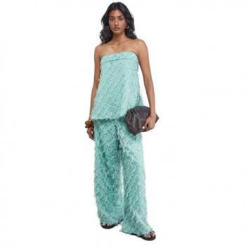 Fluffy High Waist Wide Leg Trousers, Pale Green