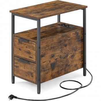 VASAGLE Nachttisch‑Beistell‑Set mit Steckdosenleiste, 2 Schubladen – Braun (60 × 35 × 61 cm)