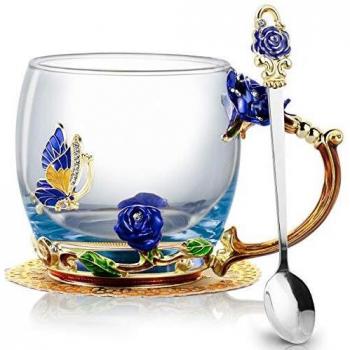 Blütentasse aus Emaille – Blaues Rosenblätter-Schmetterlings‑Kunstwerk
