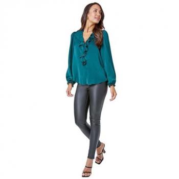 Blouse légère en satin vert clair à col froncé Roman