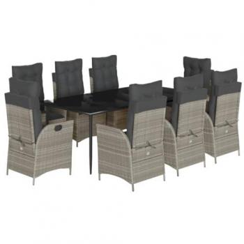 VidaXL Garten-Tisch-Set 9‑Tlg. – hellgraues Kissen, Polyrattan