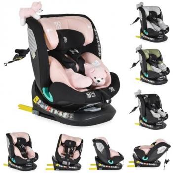 Moni Kindersitz Serengeti i‑Size (ECE R129/i‑Size) 40‑150 cm mit Isofix, rosa Kuscheltier, Nackenkissen