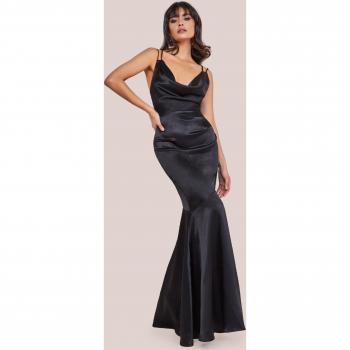 Elegant Black Satin Maxi Dress with Cowl Neck and Strappy Back