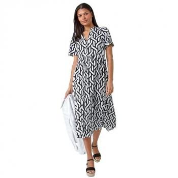 Roman Roman Black Geometric Print Tiered Midi Dress – Damen, EU 44 (UK 16)