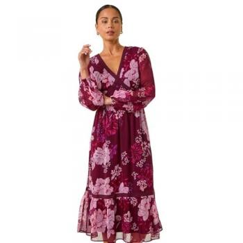 Elegant Wine Floral Midi Dress – Women's Petite