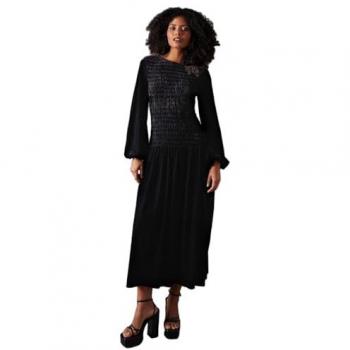 Velvet Ruched Puff Sleeve Midi Dress