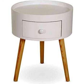 HOMCOM Chevet table de nuit ronde design scandinave tiroir bicolore pieds effilés inclinés bois massif chêne clair blanc