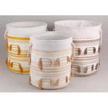 Set di Cestini Da 3 pezzi in Poliestere e Cotone con Frange – Beige Senape (DKD)