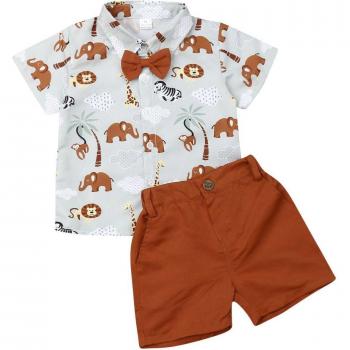 Outfit de Verano para Bebés y Niños de 1 a 6 Años: Camisetas con Estampado Animal + Pantalones Cortos Marrón