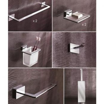 Capannoli Set Completo Flat 2 Porta Sapone, 1 Porta Spazzolini, 1 Porta Rotolo, Appendiabito, 2 Porte Asciugamani + Scopino – Versione Adesivo o Silicone