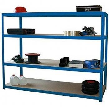Étagère de rangement métallique 1500 mm de large, 800 mm de profondeur, 2400 mm de hauteur, 4 niveaux, capacité de 350 kg par niveau, époxy bleu RAL 5017