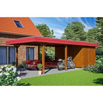 Skan Holz Wendland Carport mit Schuppen – 409 × 870 cm, rote Dachblende, abstellraum inkl. Aluminiumdach